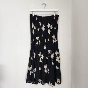 Vintage 90s Black Floral Pleated Chiffon Midi Skirt Whimsigoth Coquette M